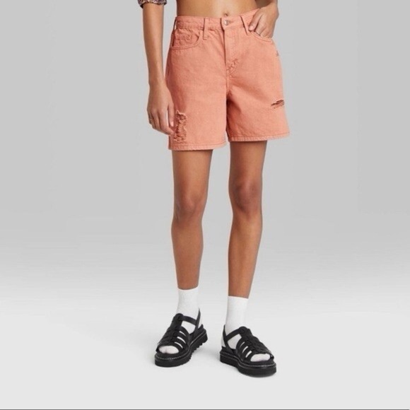 WILD FABLE | Highest Rise Bermuda Salmon Orange Women's Distressed Shorts - Picture 4 of 10